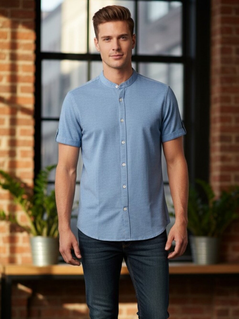 Zara Slim Fit Mandarin Collar Short Sleeve Shirt Blue Size L Portugal